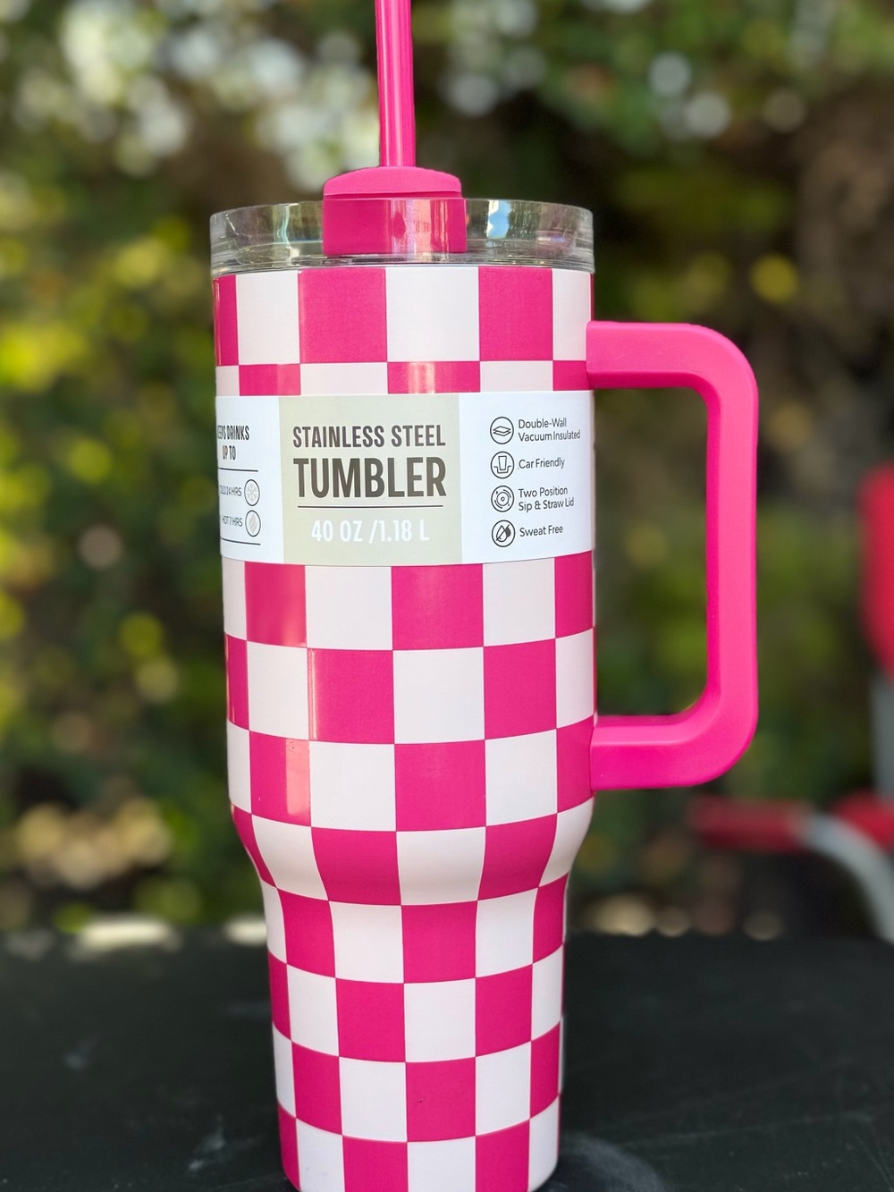Pink Checkered Stainless Steel Tumbler with Handle - 40 oz